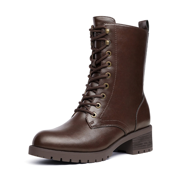 Mid Calf Chunky Lace Up Boots - BROWN PU -  0